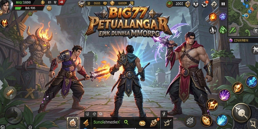Screenshot gameplay BIG77 menunjukkan pertarungan epik di dunia MMORPG.