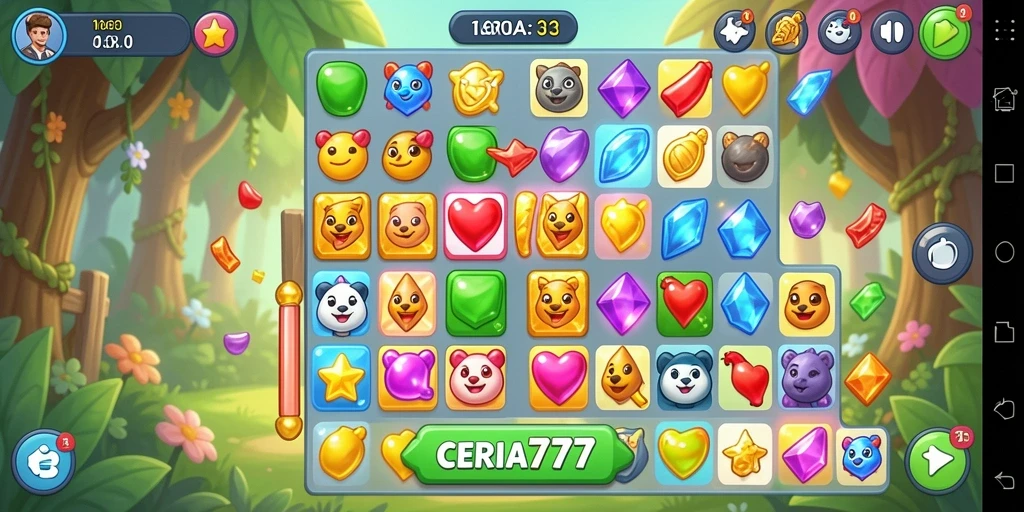 Screenshot utama CERIA777 menampilkan aksi seru gameplay Match-3.