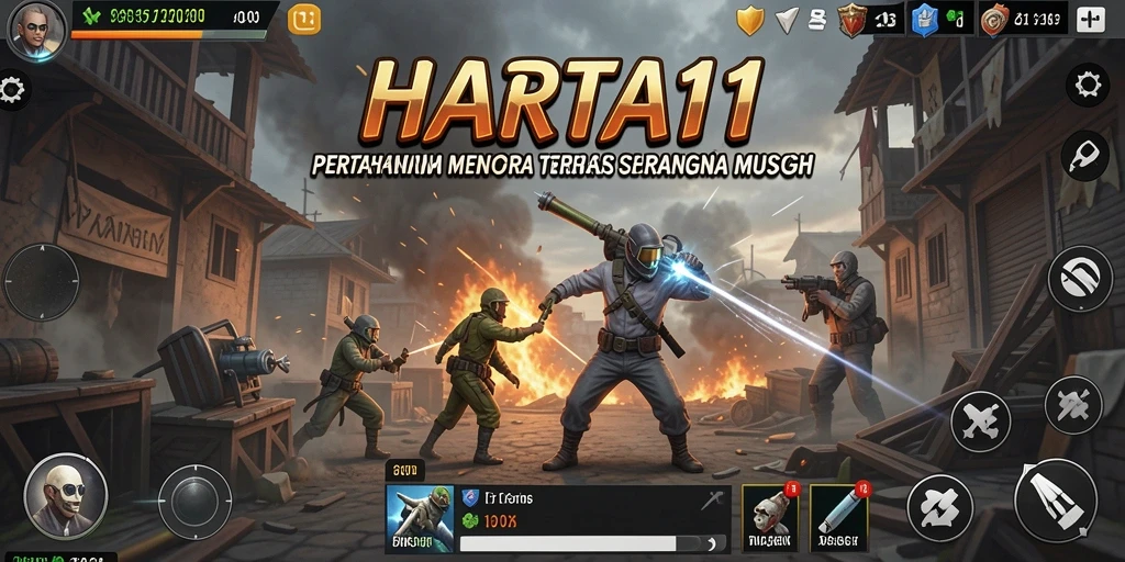 Screenshot gameplay HARTA11 yang menunjukkan pertahanan menara yang strategis.