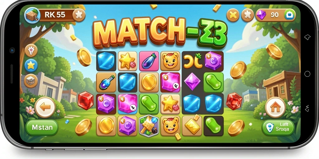Tampilan gameplay RK55 dengan elemen match-3 yang seru dan penuh warna.