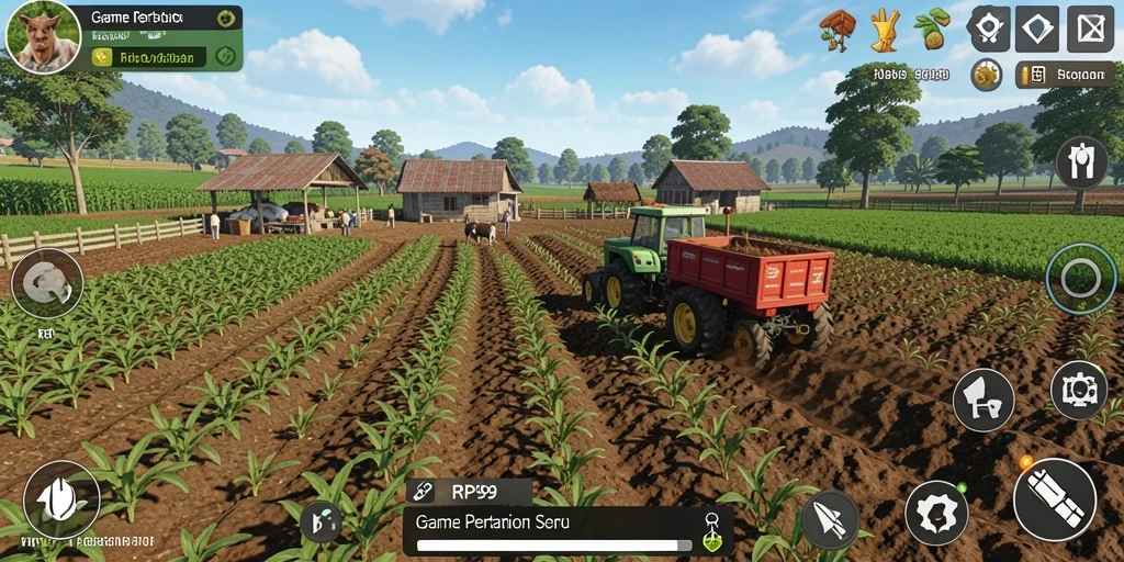 Tampilan gameplay RP99 dengan kebun yang subur dan aktivitas bertani.
