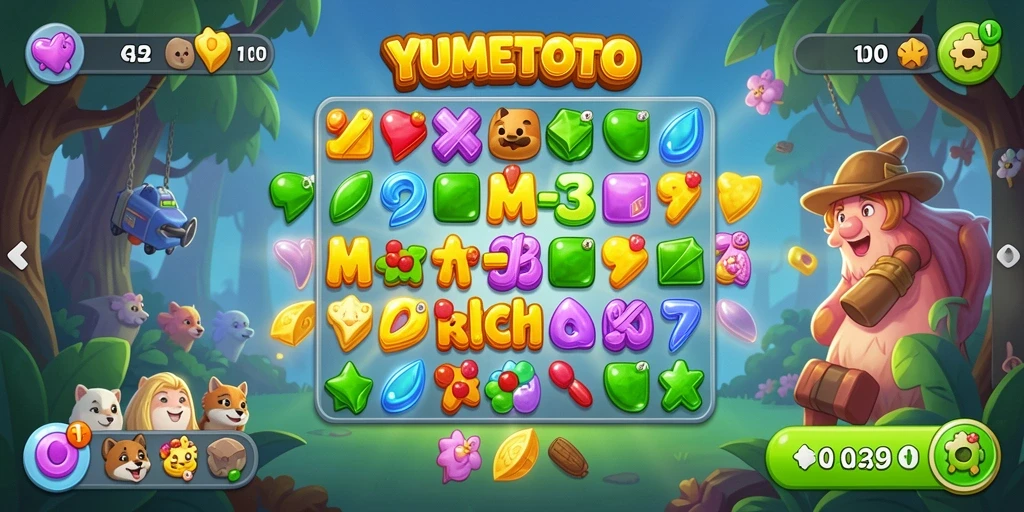 Gameplay YUMETOTO yang seru dengan batu permata berwarna-warni.